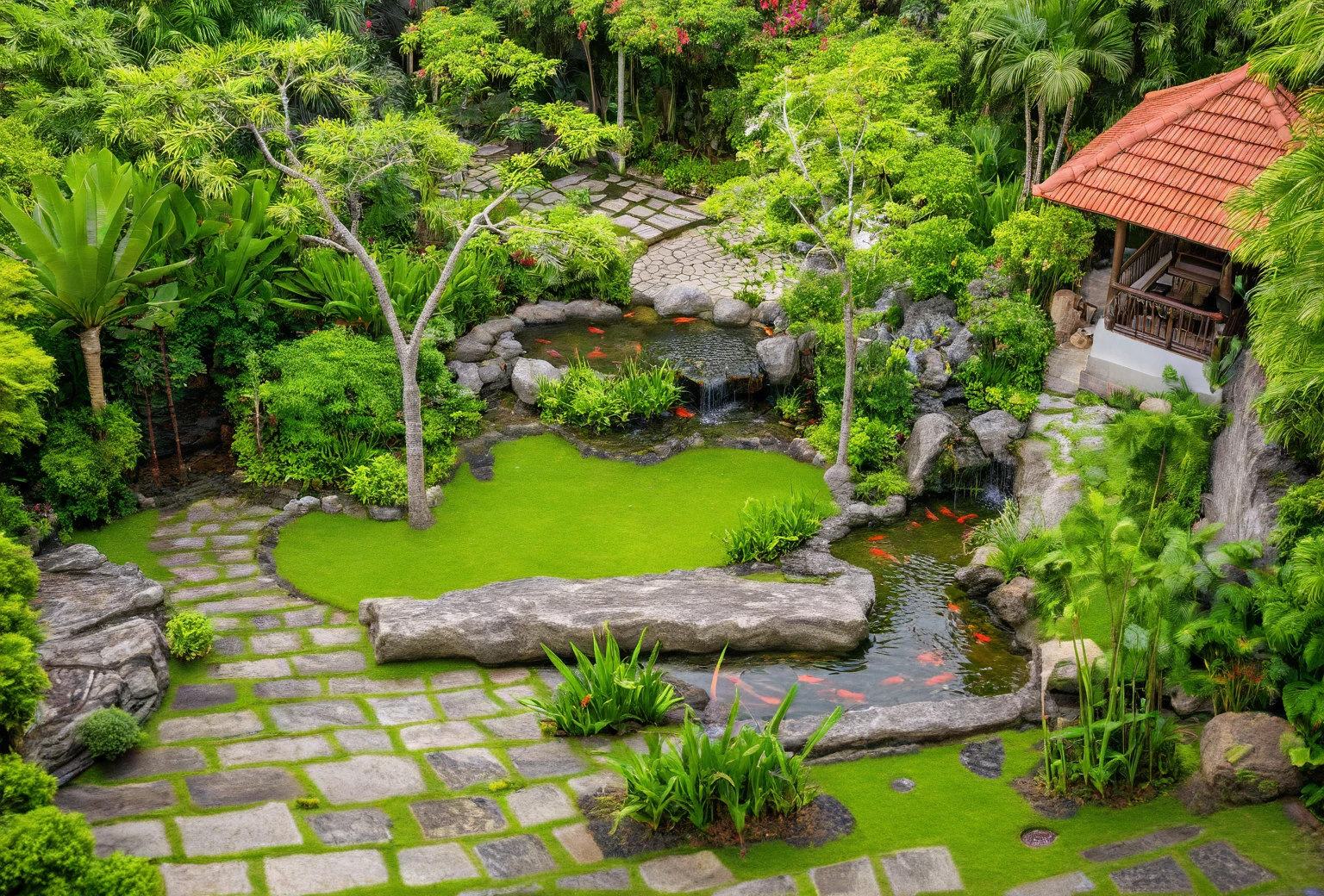 Moderntropicalgardern,aiaigroup, aerial view, outdoors, garden, tree, east asian architecture, rock, stone, flower, daylight,  house,Beautifully designed garden mandarin branches