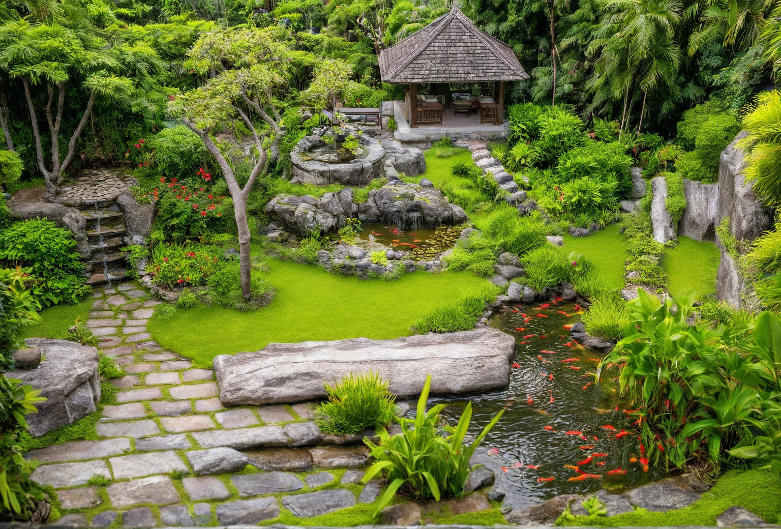 Moderntropicalgardern,aiaigroup, aerial view, outdoors, garden, tree, east asian architecture, rock, stone, flower, daylight, house,Beautifully designed garden mandarin branches