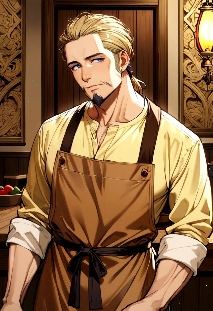 40 year old man, short blond hair, dark blue eyes, goatee, light yellow shirt, brown carpenter's apron.