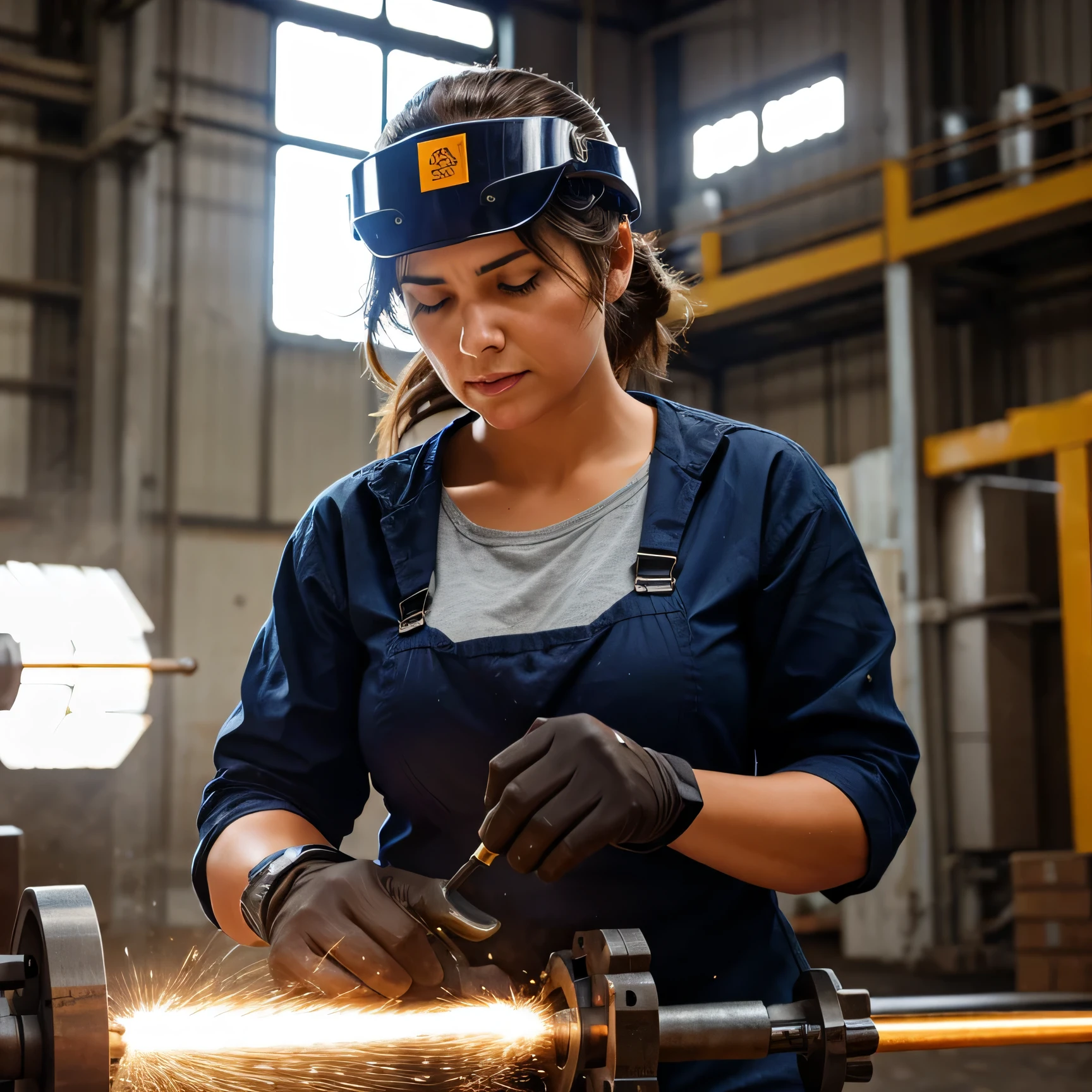 A woman wearing safety gear confidently operates a heavy lathe. Her focus and skill are evident.