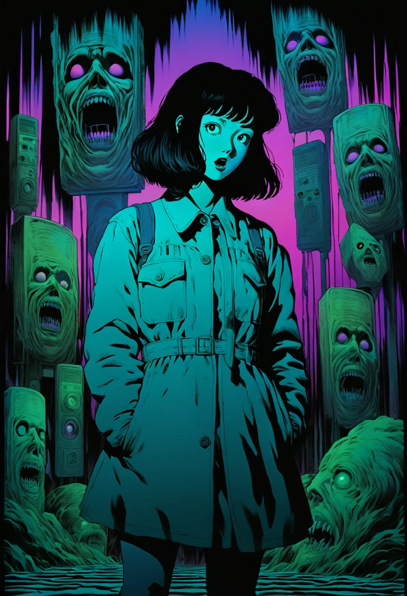 illust、art、from 80s horror movie, directed by Junji Ito、Statue of Fear、high detail, realsitic shadow、Analog style, vhs style, 8mm film, chromatic aberration, Dvd screengrab、Surrealism、Complementary color gradient