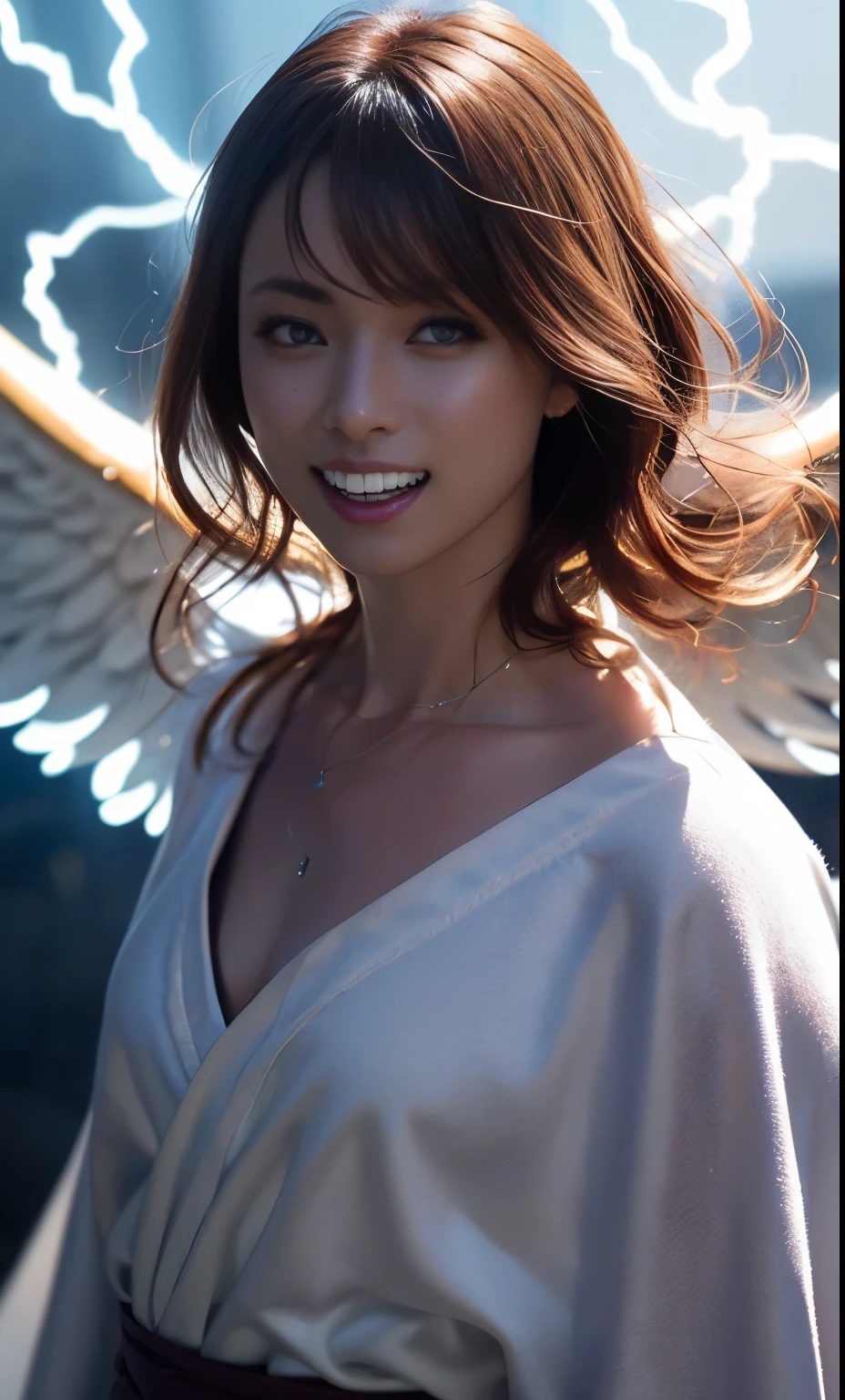 (Skin Dentition:1.5), Realistic, 実在するようなRealistic写真, (masterpiece:1.5), Concept Art, Intricate details, Very detailed, Realistic, Octane Rendering, 8K, Unreal Engine, Dynamic poses for full-body shots, Highest quality, High resolution, (Realistic Face:1.1), (超Realisticな:1.1), ((full_body)), Perfect Eyes,(Shiny skin:1.2), (((Hairstyle))), (((Perfect hands))), (Very detailed背景), ((Dynamic Background)), ((lightning)), (light), ((One girl)), Wearing a cape, (((Big archangel wings on his back))), ((Fine grain, High quality eyes, High quality face)), (god々New White Robe Costume), (magical robes), short hair, casting lightning, electricity, Swirling Flames, Radiation Force, spark, cigarette, magic, ((dramatic)), amazing, battlefield, Depth of written boundary, Bokeh, 4K, Gothic, human, particle