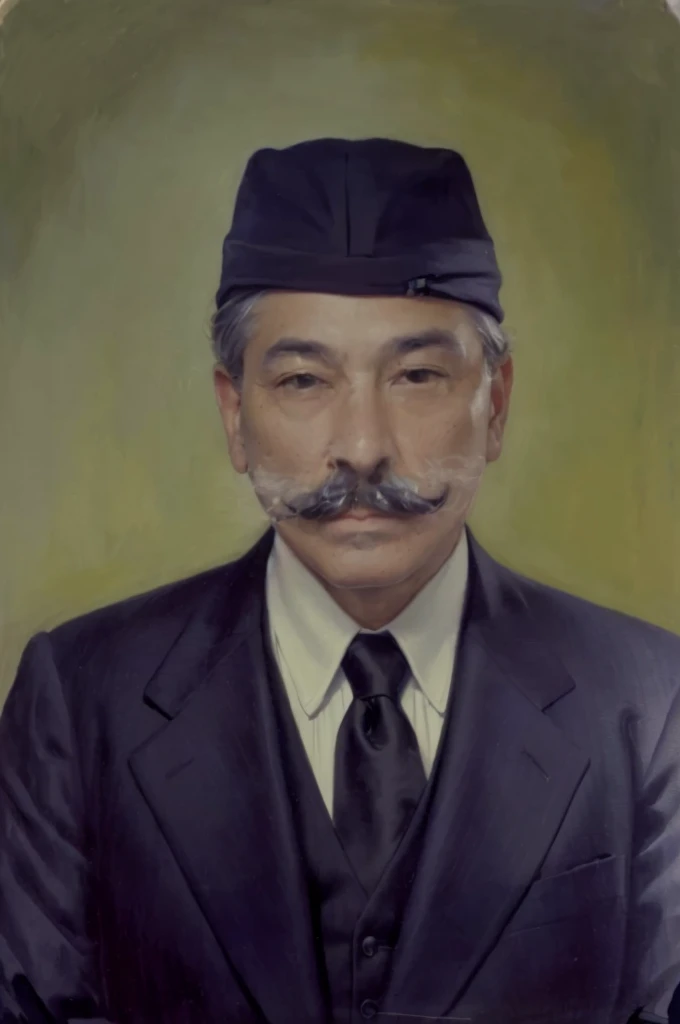 portrait of a man with a thin mustache wearing a black skullcap and a black suit