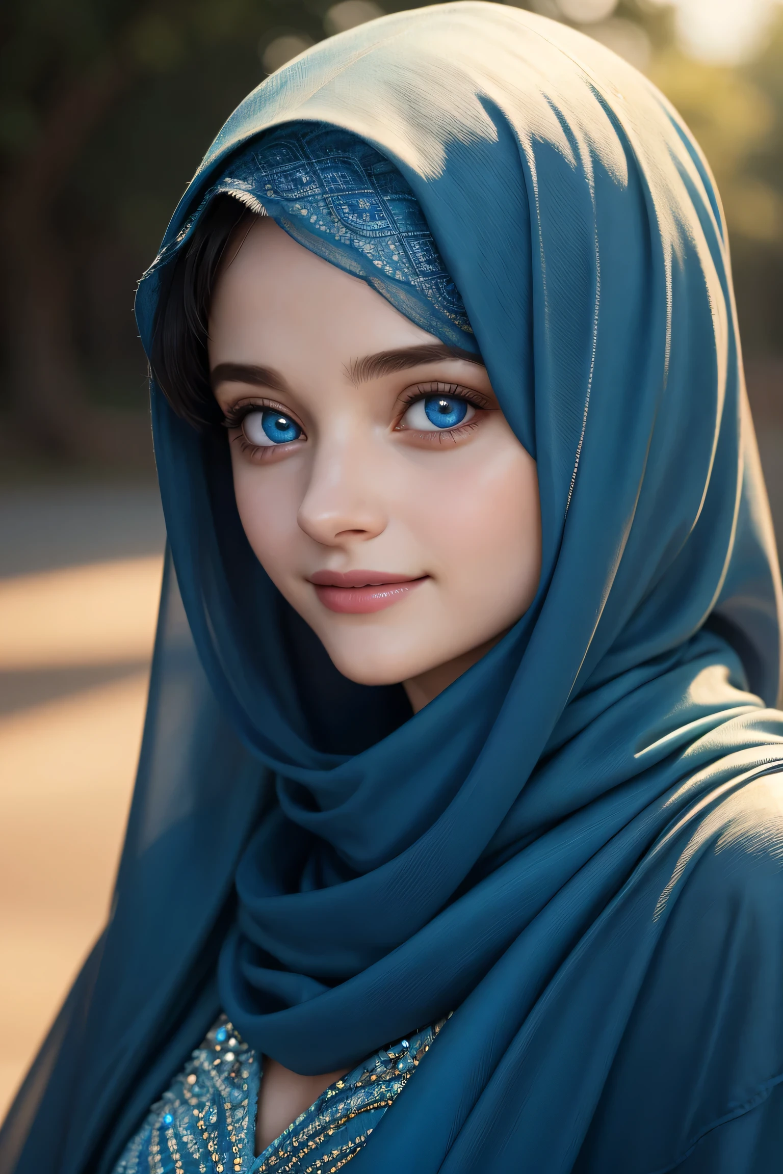 Joey King, wearing blue hijab . Light smile,Medium body shot,professionally retouched, soft lighting, realistic, smooth face, perfect eyes, sharp focus on eyes, 8 k, high definition, insanely detailed, intricate, elegant. in a natural background.