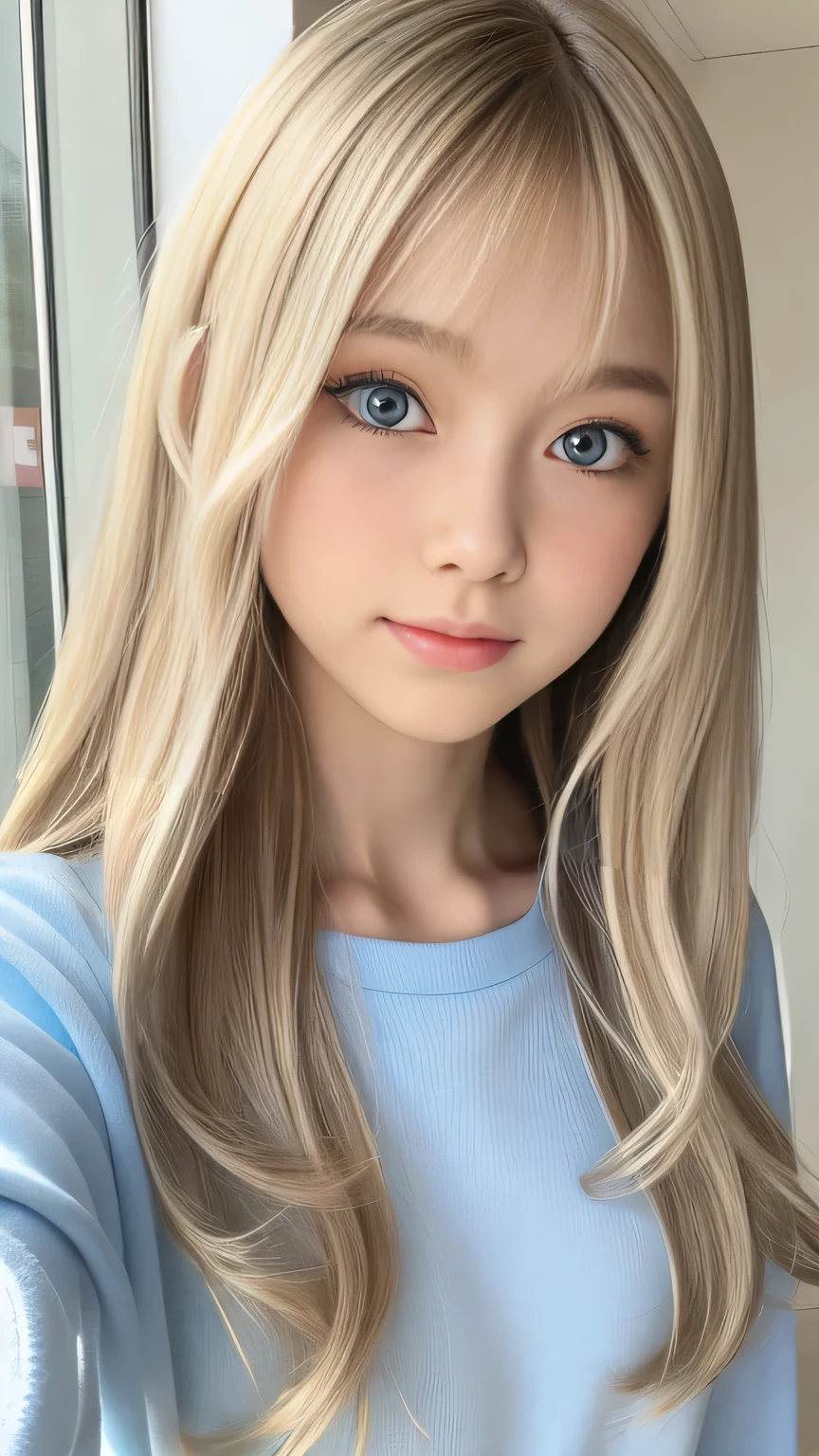 The Shining, clear, White skin、Her windblown blonde hair hides her beautiful face.、Huge、17 years old、Cute sexy little beautiful face、Beautiful straight hair that stands out、growing up, light blue eyes shimmering、Long, silky bangs that cover cute eyes, Sexy and cute young woman with super long hair hiding her sexy face、Super long, Natural silver blonde shiny hair