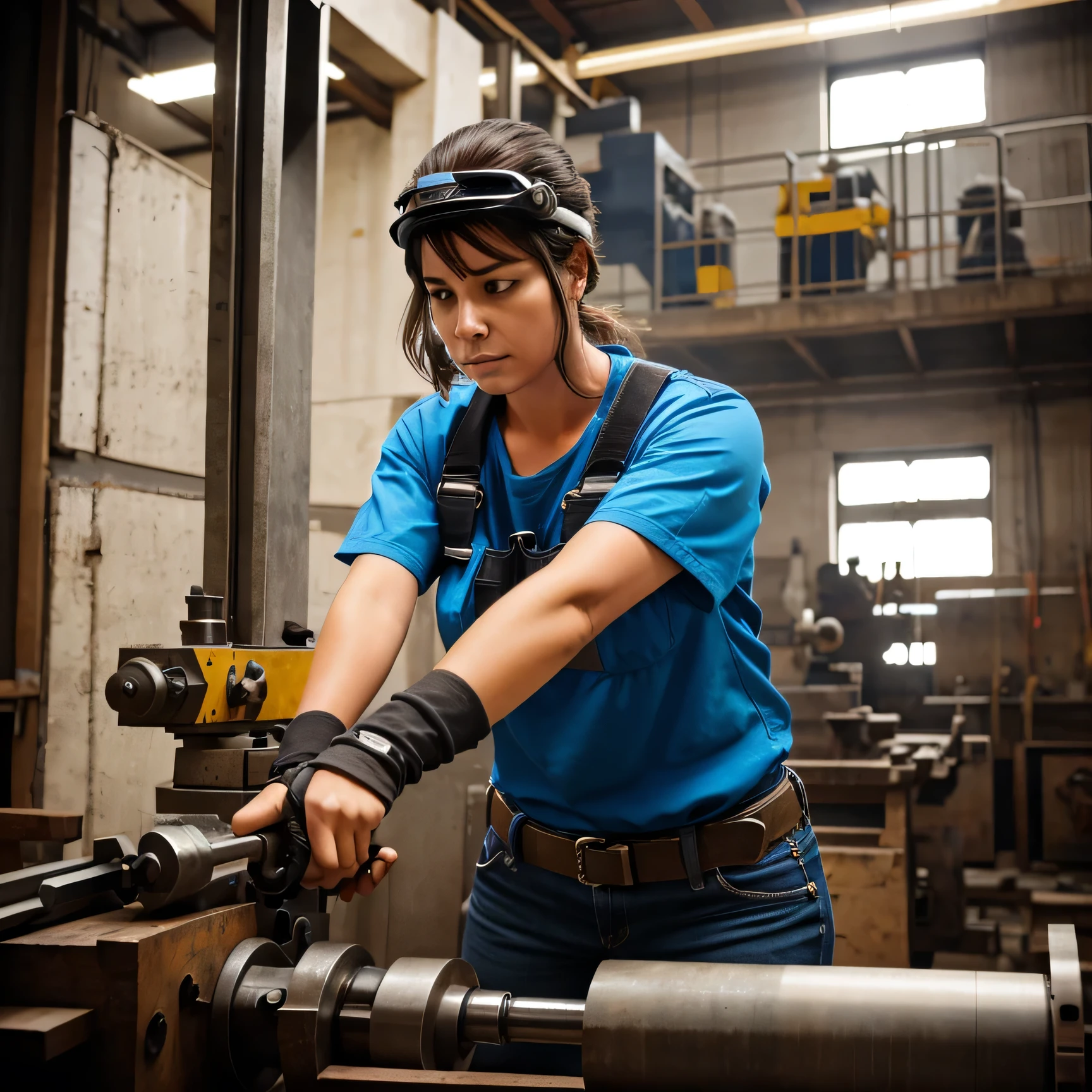 A woman wearing safety gear confidently operates a heavy lathe. Her focus and skill are evident.