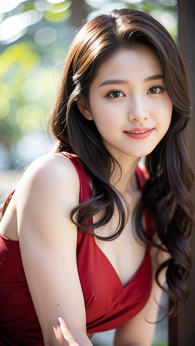 8K, super high quality, ((More than half of people move away from the center of the screen)), Beautiful chestnut hair ((Upper thigh area)), Looking at the audience, photo Practical, Highly detailed beautiful face and eyes, (Close-up hairstyle), (5 fingers), (Wearing a brown dress), (A girl in the forest), Pretty Face, Top quality, Sweat Beauty, Very refined, Full of smiles, Good shape, high quality, Practical, fantasy, Practical skin, Rich colors, Top quality, Very refined, HD original photos, Professional photographer, Solitary, Beautiful lips, Top quality, fantasy, Practical skin, Rich colors, 20 years old, HD original photos, photo Practical , Neck tilt