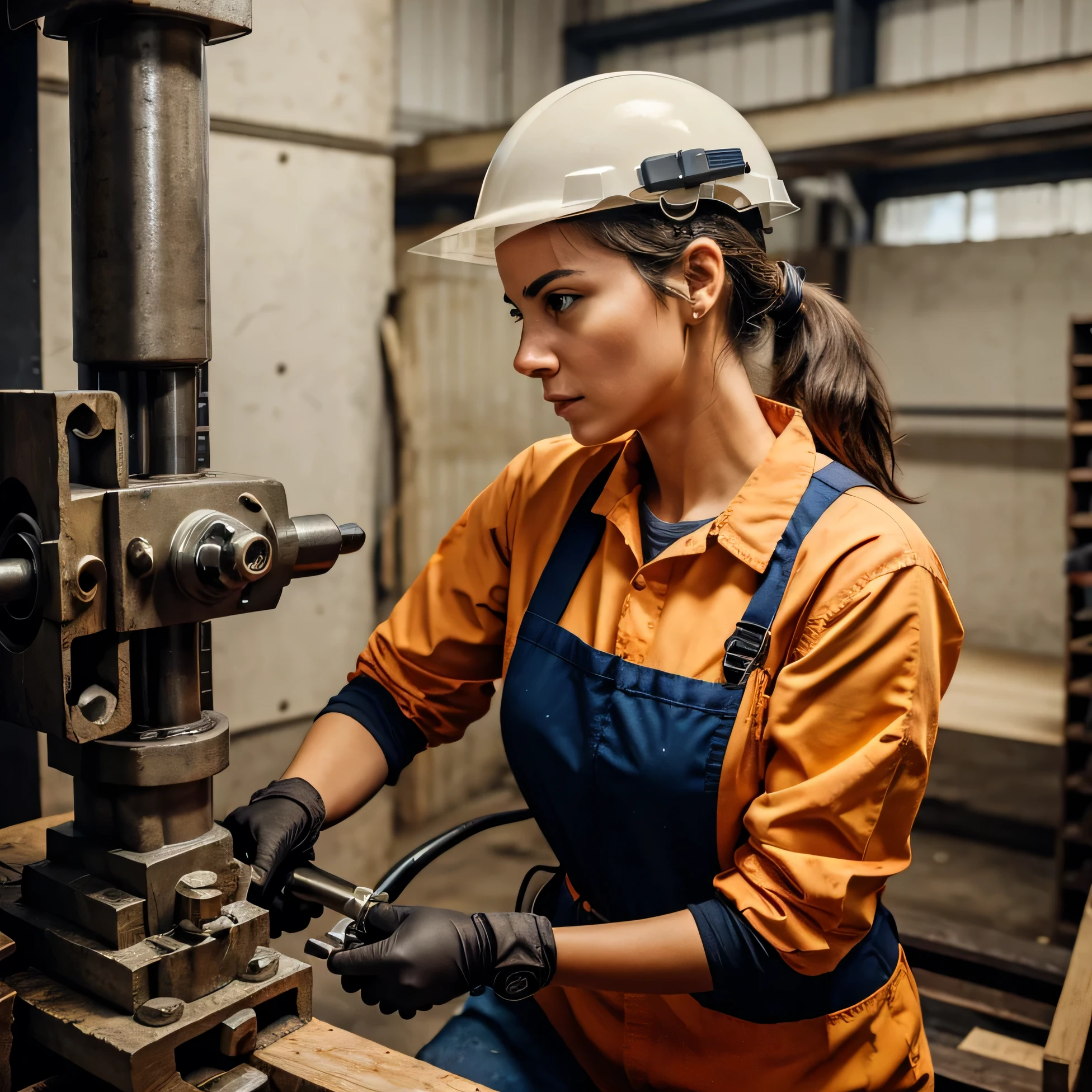 A woman wearing safety gear confidently operates a heavy lathe. Her focus and skill are evident.