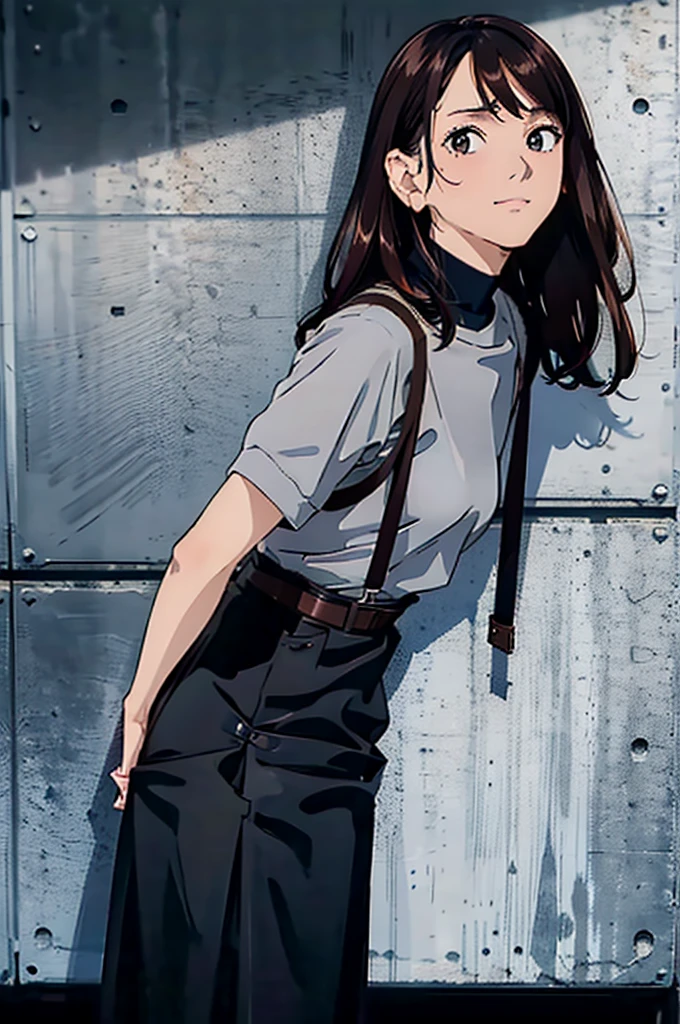 Black Skirt, 　suspenders, Brown hair Gray eyes, 脚にガーターbelt, Tight black clothes, 　　 belt　Armpit sweat　　Dark look　Moderate bust　holster　Put your hands behind your back