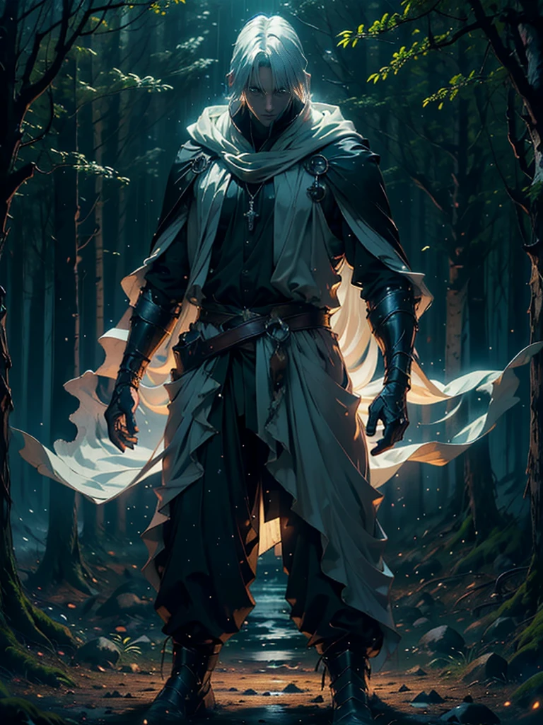 (Best Quality,ultra detailed), artificial raindrops falling, a man standing in the rain, white hair, blue eyes, detailed face(fail),dense forest landscape,majestic and serene nature, shining brightly in the night sky,black medieval outfit with pants glow in the moonlight, gentle style