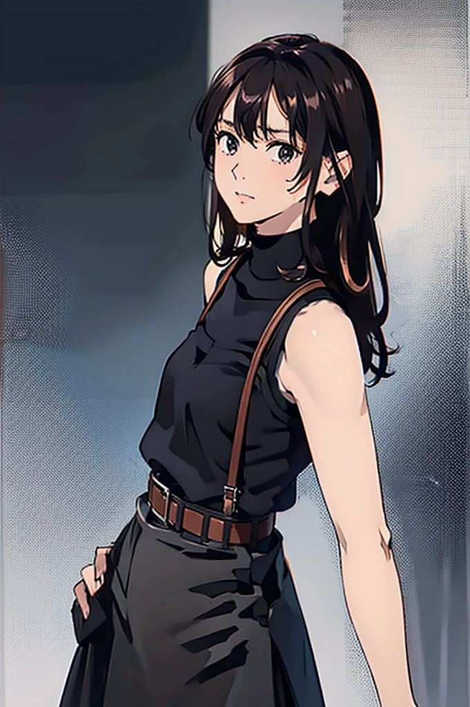 Black Skirt, suspenders, Brown hair Gray eyes, 脚にガーターbelt, Tight black clothes, belt Armpit sweat Dark look Moderate bust holster Put your hands behind your back