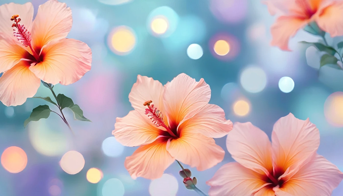 Create a gift wrap pattern with soft pastel colors like lavender, light blue, and peach. Include abstract flowing lines and illustrations of traditional Hibiscus flowers. Add soft round shapes and blurry bokeh lights for a calming and elegant presentation.