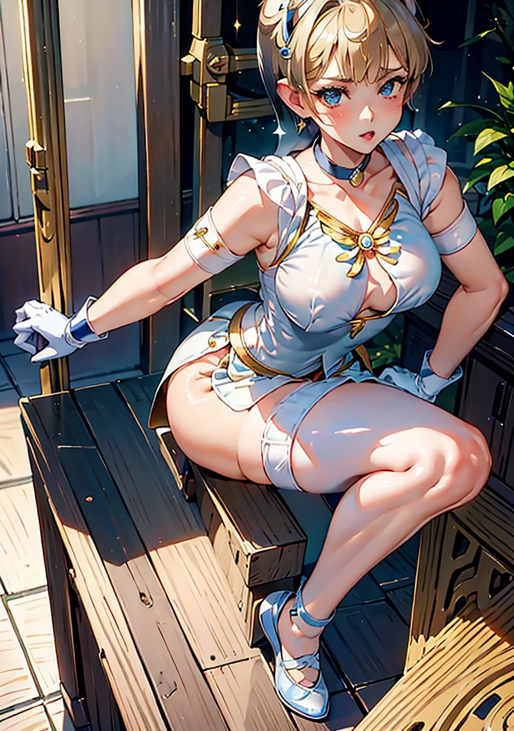 Sailor Uranus,One girl,Blonde,blue choker,Earrings,gloves,jewelry,Magical girl,plant,Sailor Uranus,Sailor Uranus,short hair,alone,star choker,tiara,((ベリーshort hair:1.8)),white gloves,masterpiece、Highest quality、High resolution、High-quality images、8K, 1 female、((Skin luster:1.3))、Skin Texture、Expression of fine eyes, realism, detailed manga style, Manga art style, Perfect Line Drawing, Beautiful line art, digital manga art girl, clear, charm, ((naked,:1.2)), (Showing nipples), ((squat:1.3)), ((spread legs:1.3)), Put your hands together above your head, Dutch Angle, Anatomically correct