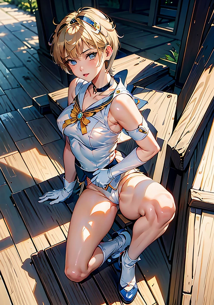 Sailor Uranus,One girl,Blonde,blue choker,Earrings,gloves,jewelry,Magical girl,plant,Sailor Uranus,Sailor Uranus,short hair,alone,star choker,tiara,((ベリーshort hair:1.8)),white gloves,masterpiece、Highest quality、High resolution、High-quality images、8K, 1 female、((Skin luster:1.3))、Skin Texture、Expression of fine eyes, realism, detailed manga style, Manga art style, Perfect Line Drawing, Beautiful line art, digital manga art girl, clear, charm, ((naked,:1.2)), (Showing nipples), ((squat:1.3)), ((spread legs:1.3)), Put your hands together above your head, Dutch Angle, Anatomically correct