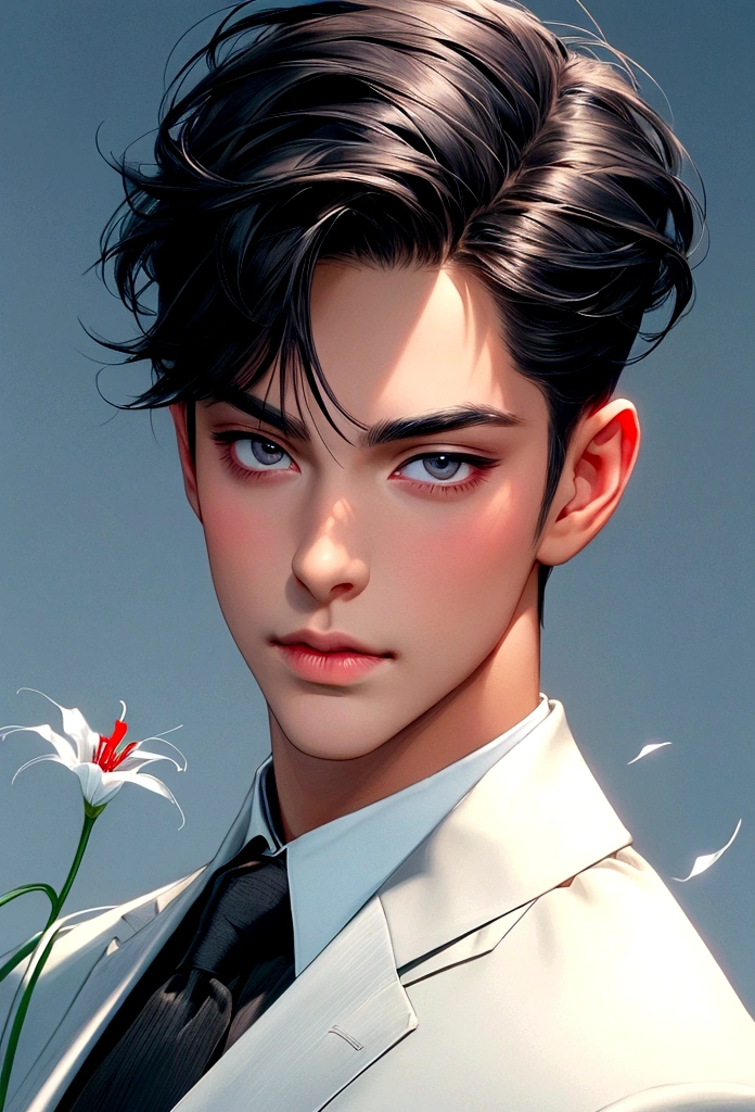 1male,handsome, cute face , charming face, fresh face, detail face, Sharp eyes, perfect eyes, perfect lips, ignore face, thick neck, pointed chin, prince suit, spider lily,sky,mountain,morris style,Pinup,lying, black hair