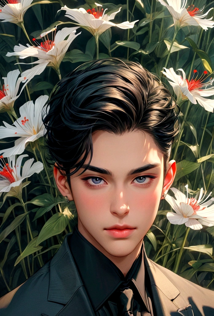 1male,handsome, cute face , charming face, fresh face, detail face, Sharp eyes, perfect eyes, perfect lips, ignore face, thick neck, pointed chin, prince suit, spider lily,sky,mountain,morris style,Pinup,lying, black hair