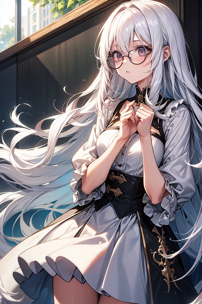 A girl with long white hair, the girl uses glasses, it's half serious, The girl is tall in stature and a boy with short dark brown hair smiling, the boy does not wear glasses, the boy is short in height.