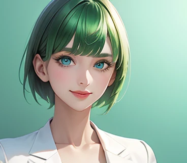 green hair,Emerald hair,short hair,short hair,bright face,upper body up,chest up,business woman,intellectual,smile,white jacket,laughter,30 years,drooling eyes, alone,know,Flow of hair that extends to the face,bangs between eyeliner hair,High resolution, Bright and clear, Big light blue eyes shine charmingly,green one piece,eyeliner,Shining white skin,beautiful bangs, (Beautiful quality with attention to detail), (super detailed), (wallpaper), (detailed face), (High resolution), (In 8K), (very detailed), (Best figure), (Beautiful quality with attention to detail), (super detailed), (wallpaper), (detailed face)