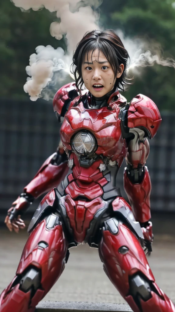 Rough skin, Very detailed, Advanced Details, high quality, 最high quality, High resolution, 1080P 、、Red Armor、Wearing red and black、cute((During a break))(Wearing a damaged female robot suit...)(Red Armor)(Broken Armor)Black Hair、、Soaking wet、Very short hair Sweaty face、Beautiful Face、Hot look knock down、よだれing from the mouth、Elementary school girl (Steam coming out of the face) ((Steam from the body)) Sit on a chair Filming location I can see the vagina Open the crotch to the front Look up