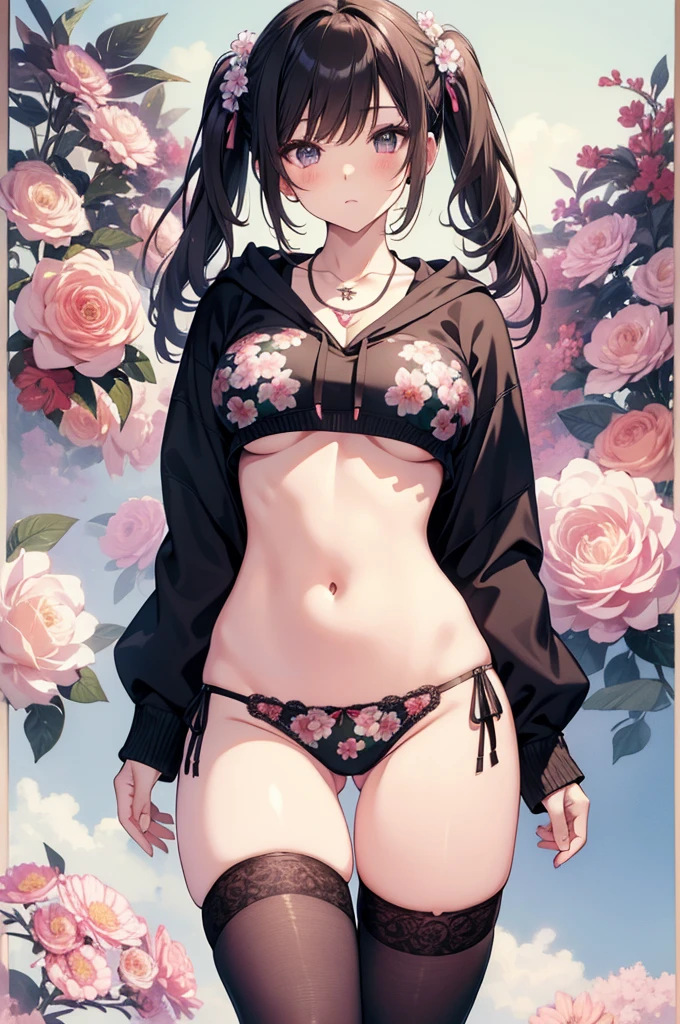 masterpiece, Highest quality, Cute Mature Woman,Small breasts that are just beginning to grow, hair ornaments, Twin tails,Large areola,Erect nipples,Floral print tight panties,hoodie,,Patterned knee socks, necklace, skinny ,,((Showing panties)),