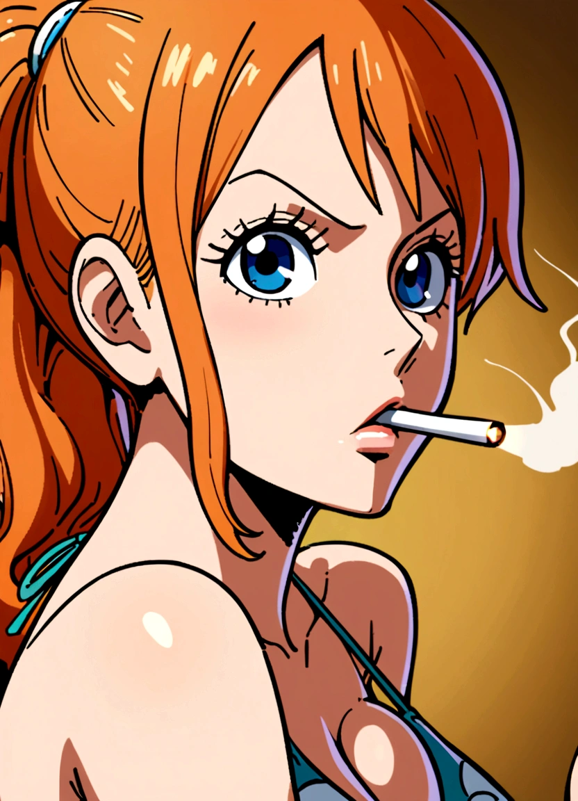 a cartoon picture of a woman in a bikini top and jeans, nami one piece, nami from one piece, nami, beautiful portrait of nami, from one piece, oppai, blue eyes, smoking, ponytail