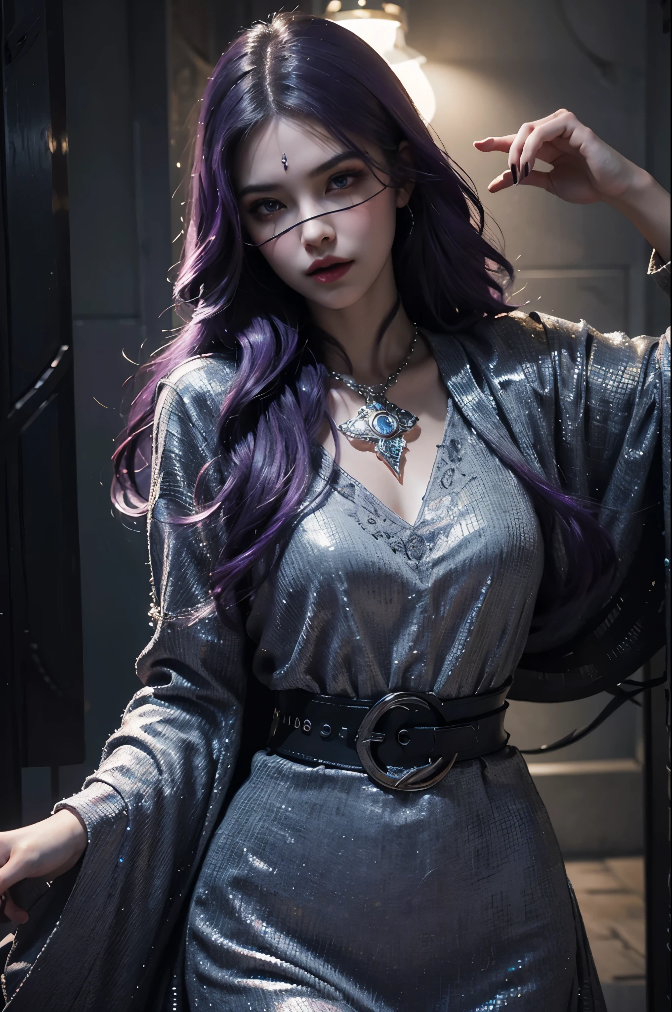 1 girl, mysterious, mouth covered, purple hair, hot, sexy, beautiful detailed eyes, beautiful detailed lips, extremely detailed face, longeyelashes, elegant dress, dramatic lighting, cinematic, dark fantasy, chiaroscuro, dramatic colors, rich textures, intricate details, ultra-detailed, 8k, hyperrealistic, masterpiece, digital art, concept art