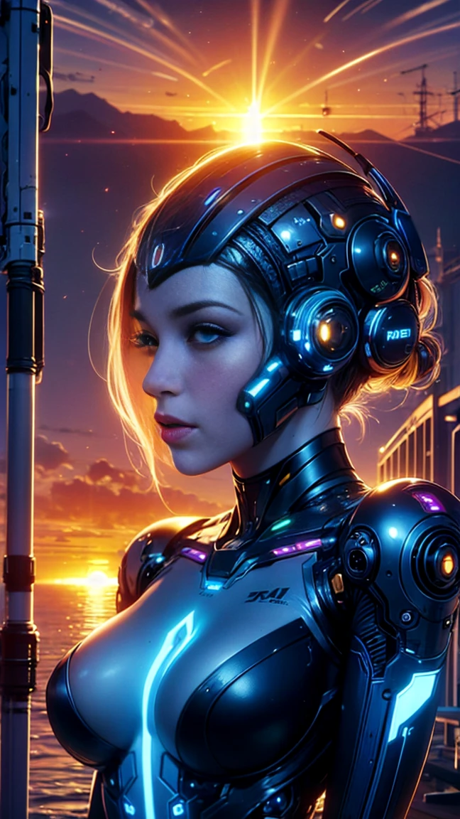 top quality, future world, State-of-the-art robot, Beautiful Woman under the sun, flying hair, Transformed into a cyborg except for the face,  Transformed into a cyborg except for the shoulder, sexy images, whole body photo, (((sunrise time)))