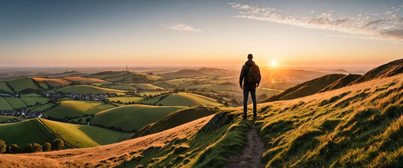 score_9, score_8_up, score_7_up, source_photo, photography, realistic, detailed, 8k, rating safe, (((ultra wide shot))), Sunrise, a man standing hill's top, 
