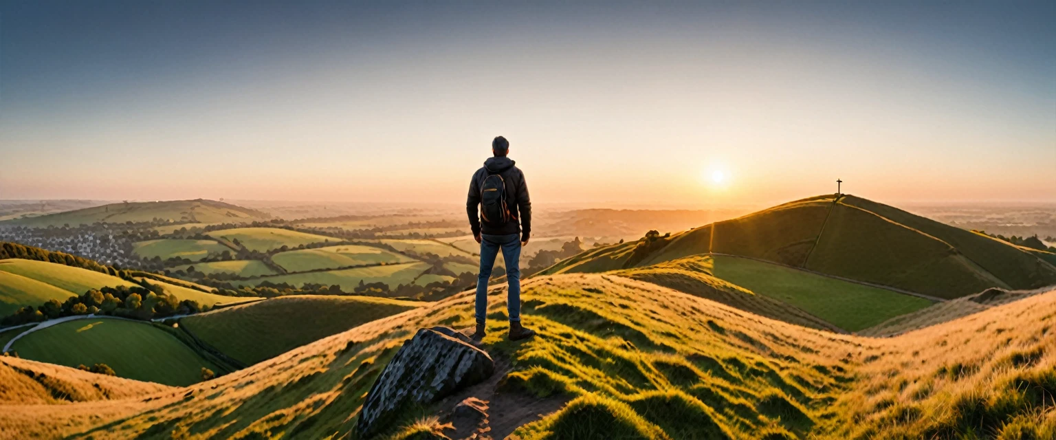 score_9, score_8_up, score_7_up, source_photo, photography, realistic, detailed, 8k, rating safe, (((ultra wide shot))), Sunrise, a man standing hill's top, 