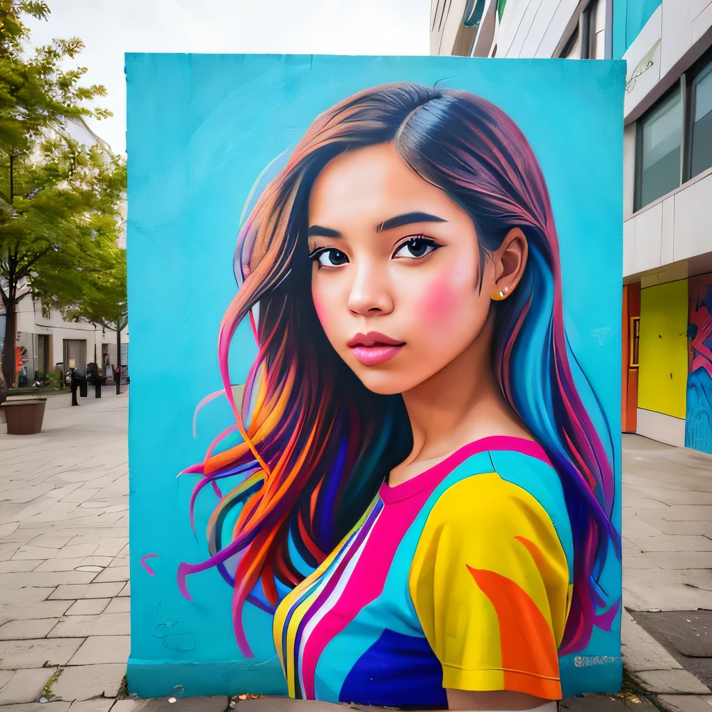 Street Art, Showcase the vibrant energy of a girl with medium-length hair posing against a backdrop of colorful street art, Emphasize the interaction between the subject and the urban art, creating a dynamic composition, (best-quality, masterpiece, photo-realistic)1.2, 0001SRGoodPictureV3
