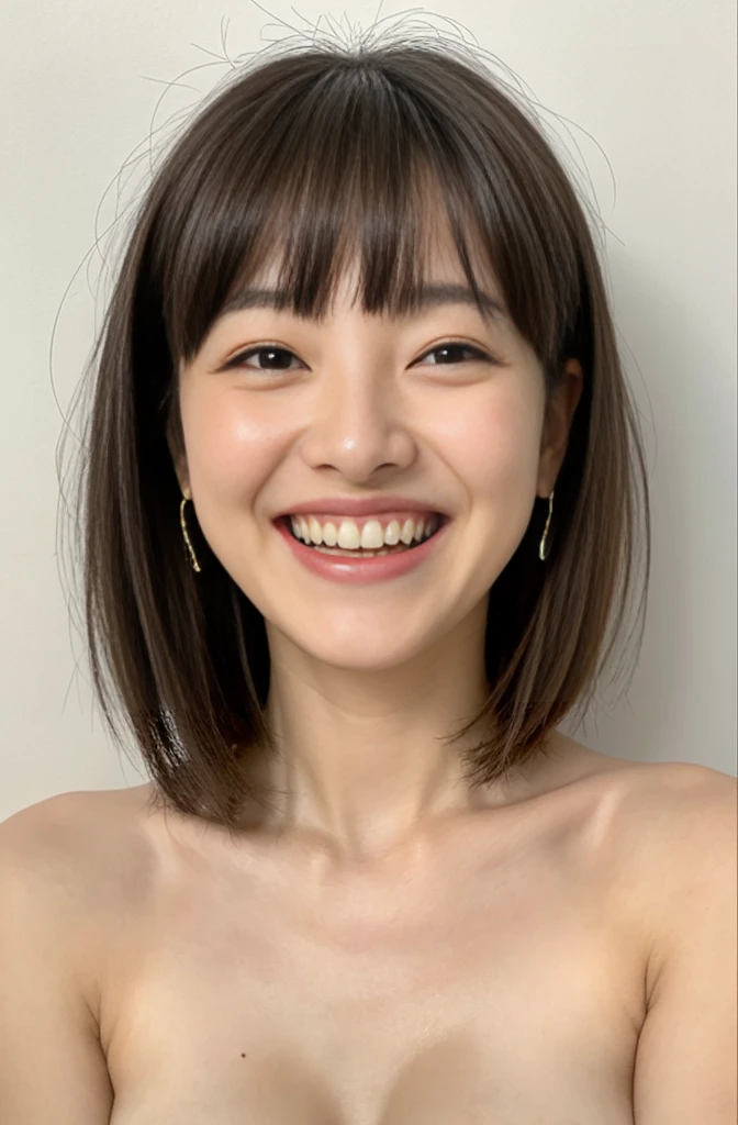 Upper body naked、No clothes、Short bob with neat bangs、Long neck、Beautiful collarbone、Shiny skin、Perfect body、Perfect Fingers、Perfect Arms、Perfect hands、Makes your face smaller、Please look closely at the camera、(Blank white background with nothing)、Perfect Anatomy、Very large breasts、Very large breasts、With your chest between your arms、Adult charm、smile、Embarrassed and laughing
