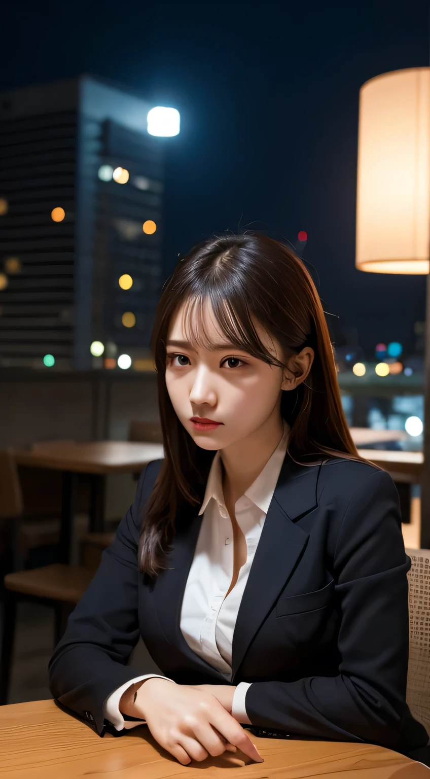 Tabletop, Highest quality, shape, Very detailed, In detail, High resolution, 8k wallpaper, Perfect dynamic composition, Beautiful details, Natural Lip,blazer ,whole body、night、city、Arms crossed and angry expression