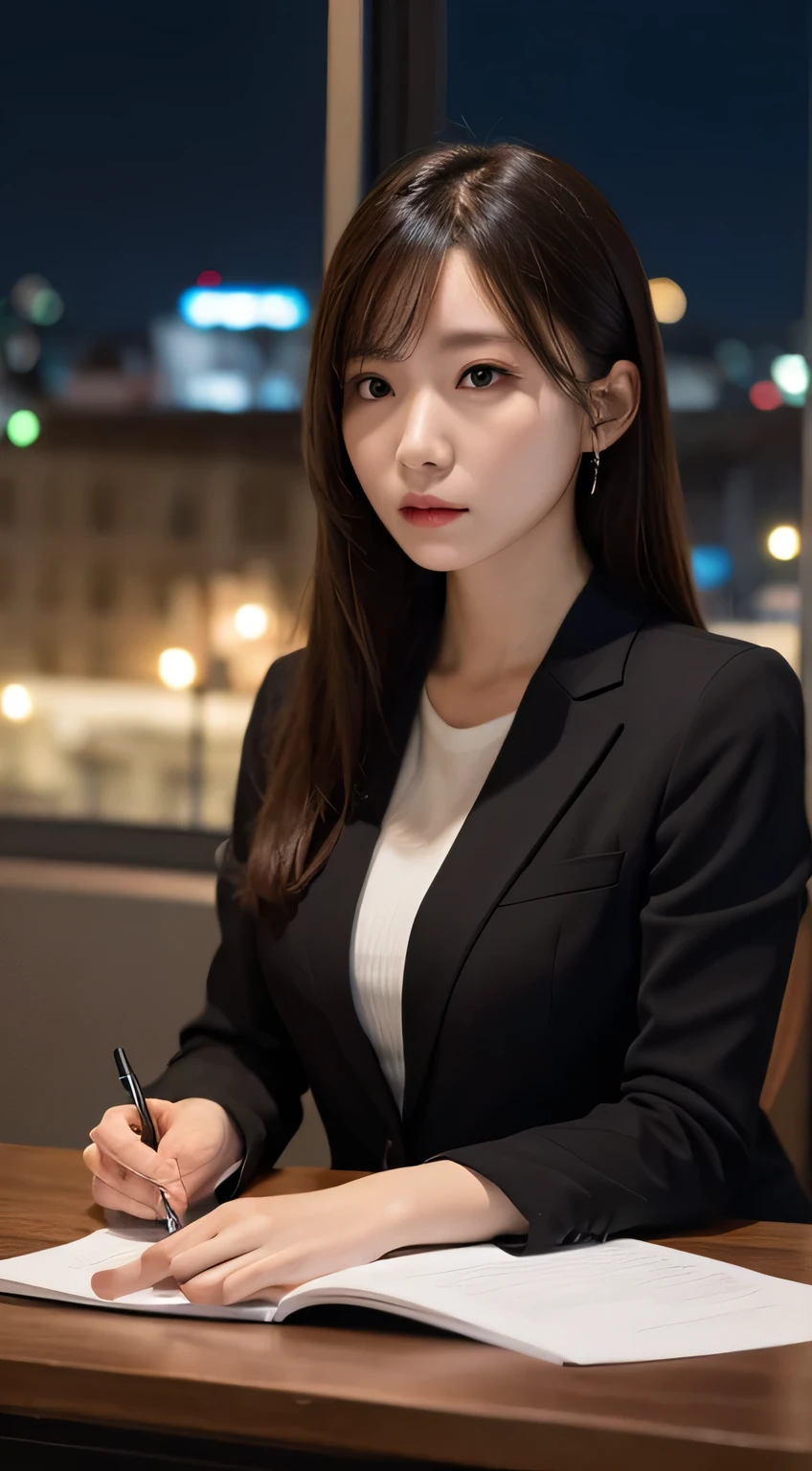 Tabletop, Highest quality, shape, Very detailed, In detail, High resolution, 8k wallpaper, Perfect dynamic composition, Beautiful details, Natural Lip,blazer ,whole body、night、city、Arms crossed and angry expression
