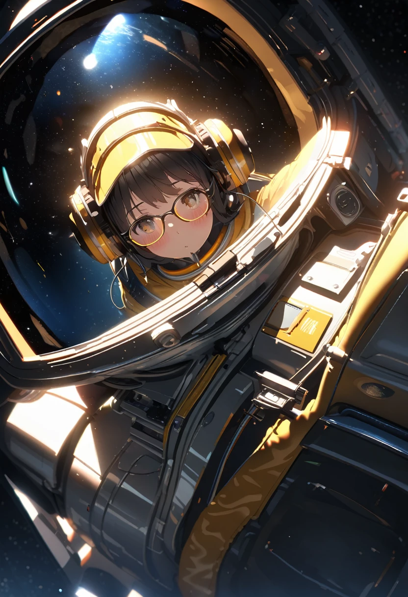 (extremely detailed fine touch:1.3), (hard light, studio light, light rays, dappled light, reflection, shadows, ray tracing:1.0), (2D:1.3), girl, solo, very short black hair, (((yellow underrim glasses:1.3))), (headphones:1.2), blush, spacesuit, space helmet, Camera reflected in visor, space, Space Colony, earth