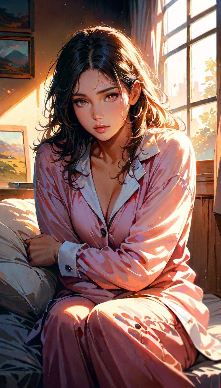 painting, a beautiful woman in pajamas, sits up in bed, stretches his arms and yawns at sunrise, realistic, no makeup, disheveled hair, morning light, unlight streaming through the window, soft warm colors, highly detailed face, detailed eyes and lips, natural skin texture, fluffy bedsheets, warm lighting, 8k, best quality, masterpiece