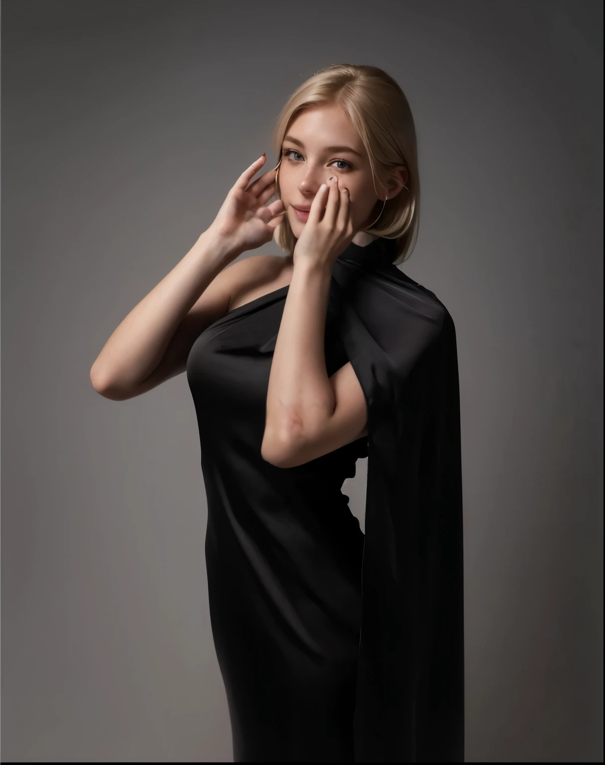a one woman, americana, age 25, pale skin and freckles, grey-eyed, delicate nose, soft and delicate lips, distant, cabelo blondie distant e ondulado na altura da cintura, Sweet smile, face with delicate feminine facial features, Highly Rendering 