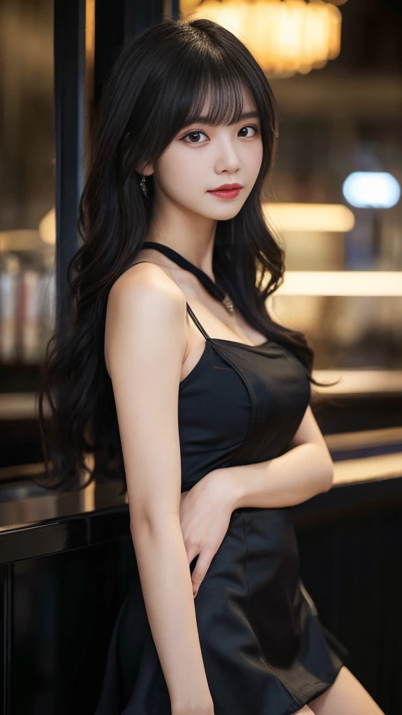 (Highest quality,In 8K,masterpiece:1.3),(超A high resolution,Photorealistic:1.4,RAW shooting),(Ultra-detailed,Caustics,Perfect Anatomy),(Ultra-detailedな背景,Ultra-Realistic Capture,Beautiful and detailed eyes),(Sexy Mini Skirt Dresses:1.1),stand,Japanese,20-year-old,cute,Black wavy hair,Gal,Staring at me,Night Bar,Dynamic Lighting,Photographed from the front,Delicate shoulders