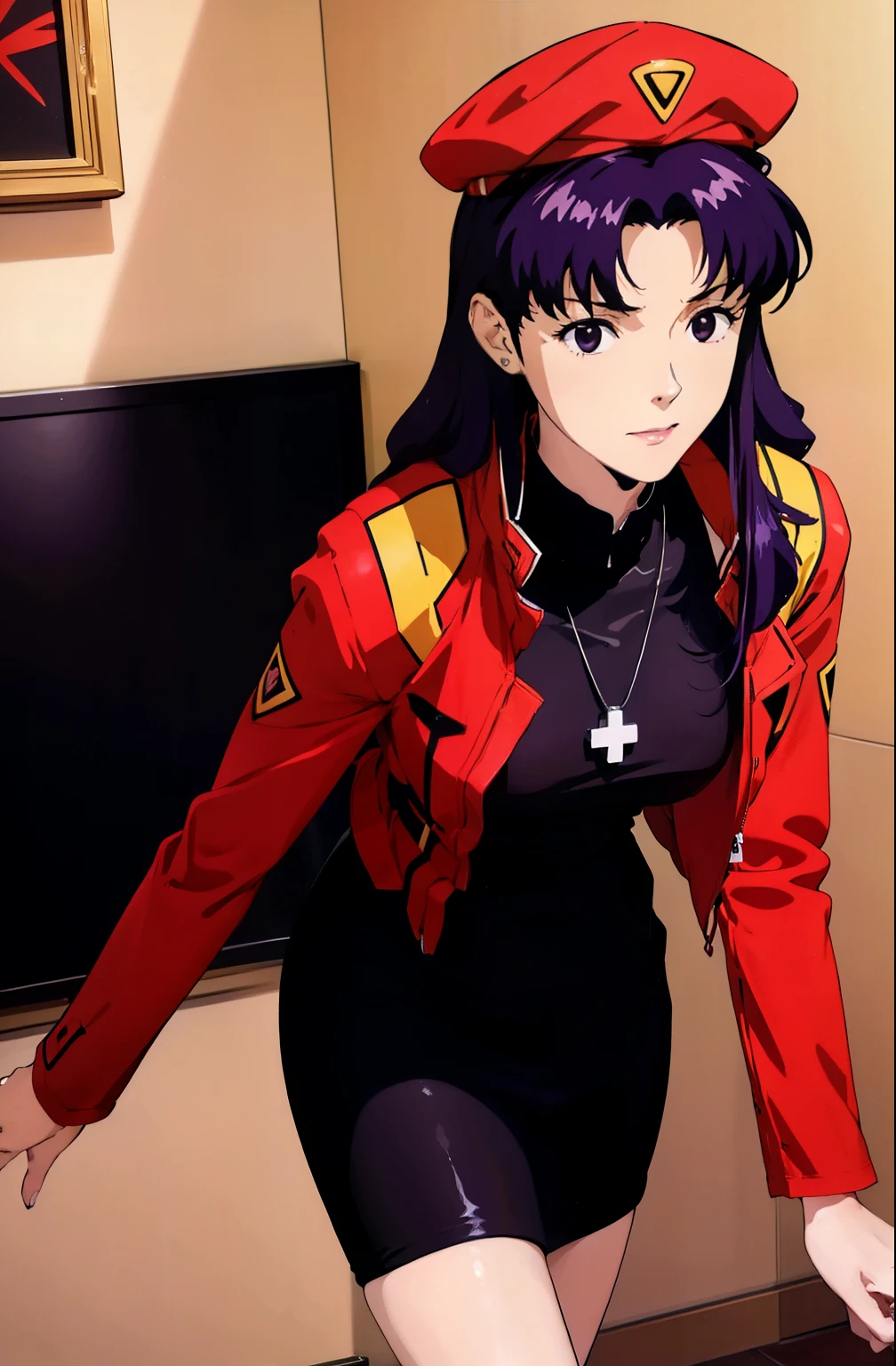 1 Female, clothing: black bodycon, Short tight black dress, The eyes are brown, Purple Hair, Medium Hair, compensate, Cross Necklace, expensive, The body is slim, Misato katsuragi (Hmph), (((Misato katsuragi))), indoor, living room, (((Front view))), View Viewer, Nice thighs, Perfectly detailed face, Detailed hands and fingers, Masterpiece 1.1, Trending on Art Station, pixiv quality, (((Fine art:jaw))), Exquisitely crafted, Ultra Graphics, sfw version, (((Mature 1.1))), clothing: Jacker, Red jacket, Red bullet hat、Symmetrical face、