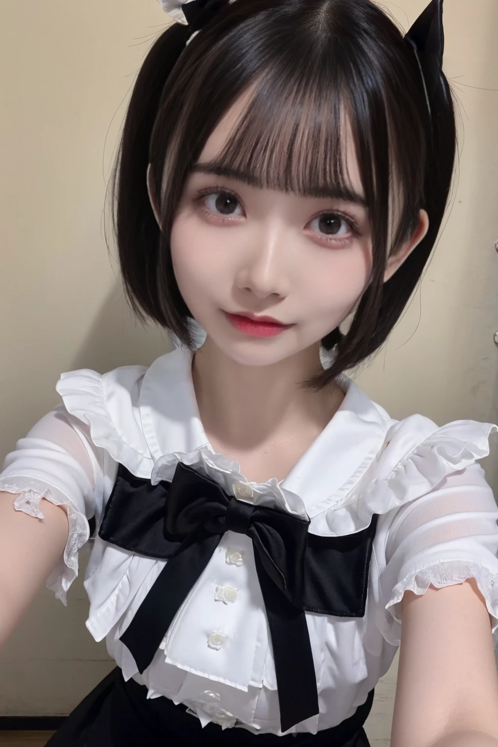 18-year-old、Ultra HD、Ultra-high resolution、Realistic、Sweaty skin、bob-hair big-breastSelfie、Frilled shirt、black-ribbon、Selfie、独奏