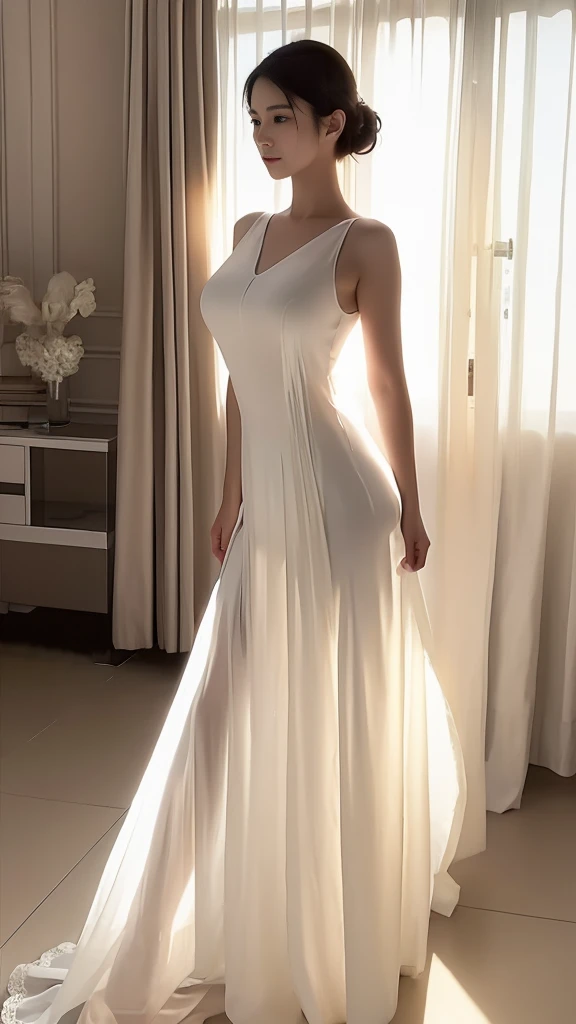 ((Best quality,High Detail,masterpiece:1.2)),(Backlight, See through body contours:1.3), 1 20-year-old girl, full-body shot:1.3,White dress dress,(Clear facial features,Face highlighting:1.5),standing solo, Elegant posture,Delicate face, Perfect body