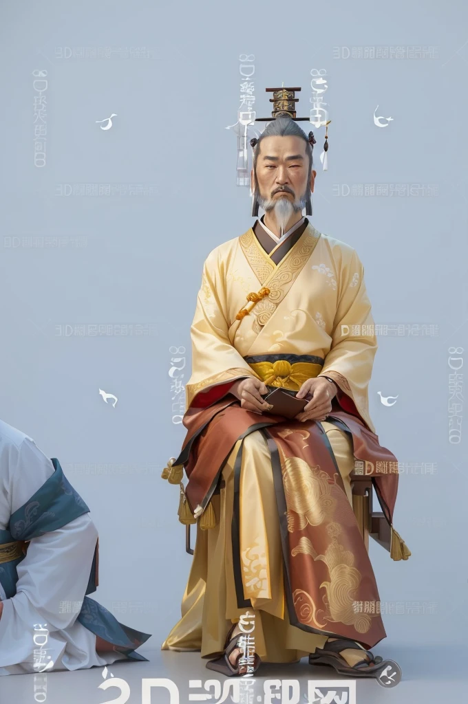 Image of a man wearing Hanfu sitting on a chair, 3d rendering senior artist, Taoist priest, Japanese Taoism, Wearing ancient Chinese clothes, Inspired by Dong Yuan, Inspired by Wu Daozi, Wearing Chinese clothing, Taoist temples and monks, Confucius and Trial by Jury