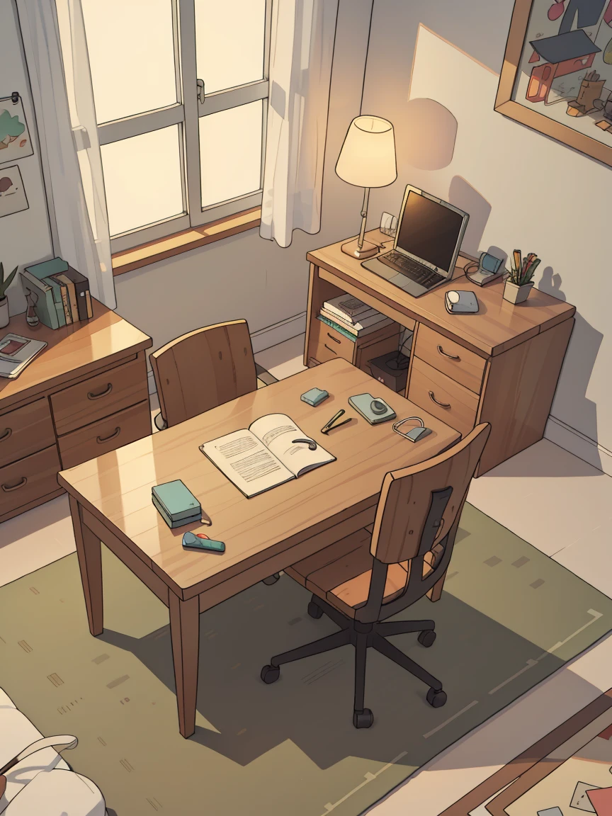 bedroom，3d，Cartoon illustration，floor，Wardrobe，table，Chair，carpet，desk lamp，Wide-angle lens，