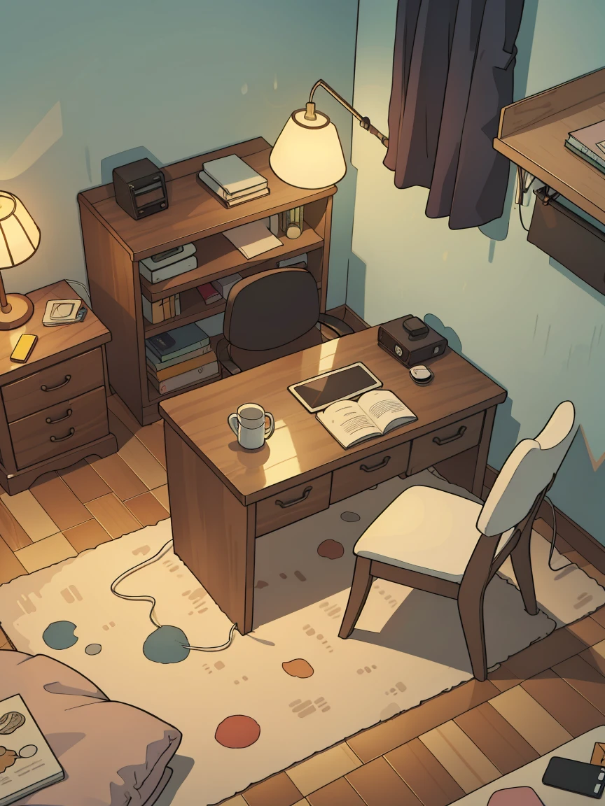 bedroom,3d,Cartoon illustration,floor,Wardrobe,table,Chair,carpet,desk lamp,Wide-angle lens,