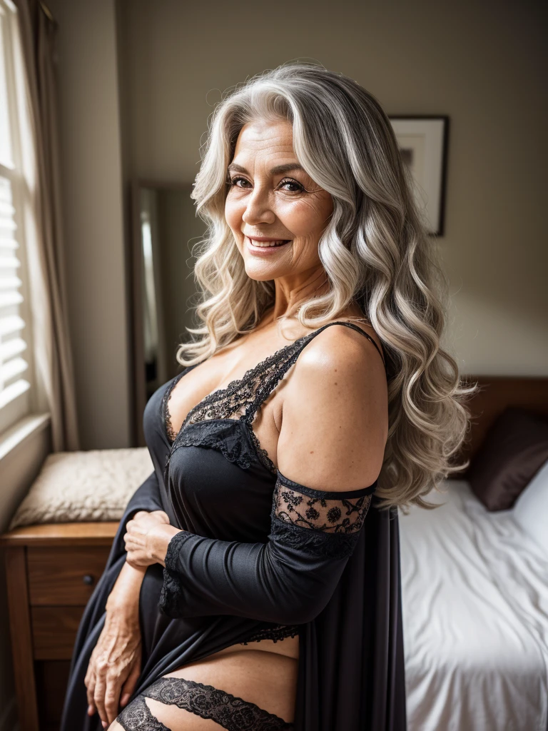 Mature old woman 80 years with silver long curly hair, plus size, old face and body with many wrinkles, loose skin, standing at bedroom posing for photo, She wearing black robe with large neckline and lace stockings, side view. jaw dropping mature older beauty, old face and body with wrinkles, old face, full visible legs, smiling, attractive grandma, a gorgeous old hair, beautiful old grandma, lovely older mature grandma, gorgeous beautiful grandma over 80 years old, beautiful silver long curly hair grandma, beautiful detailed body and face, a beautiful old granny