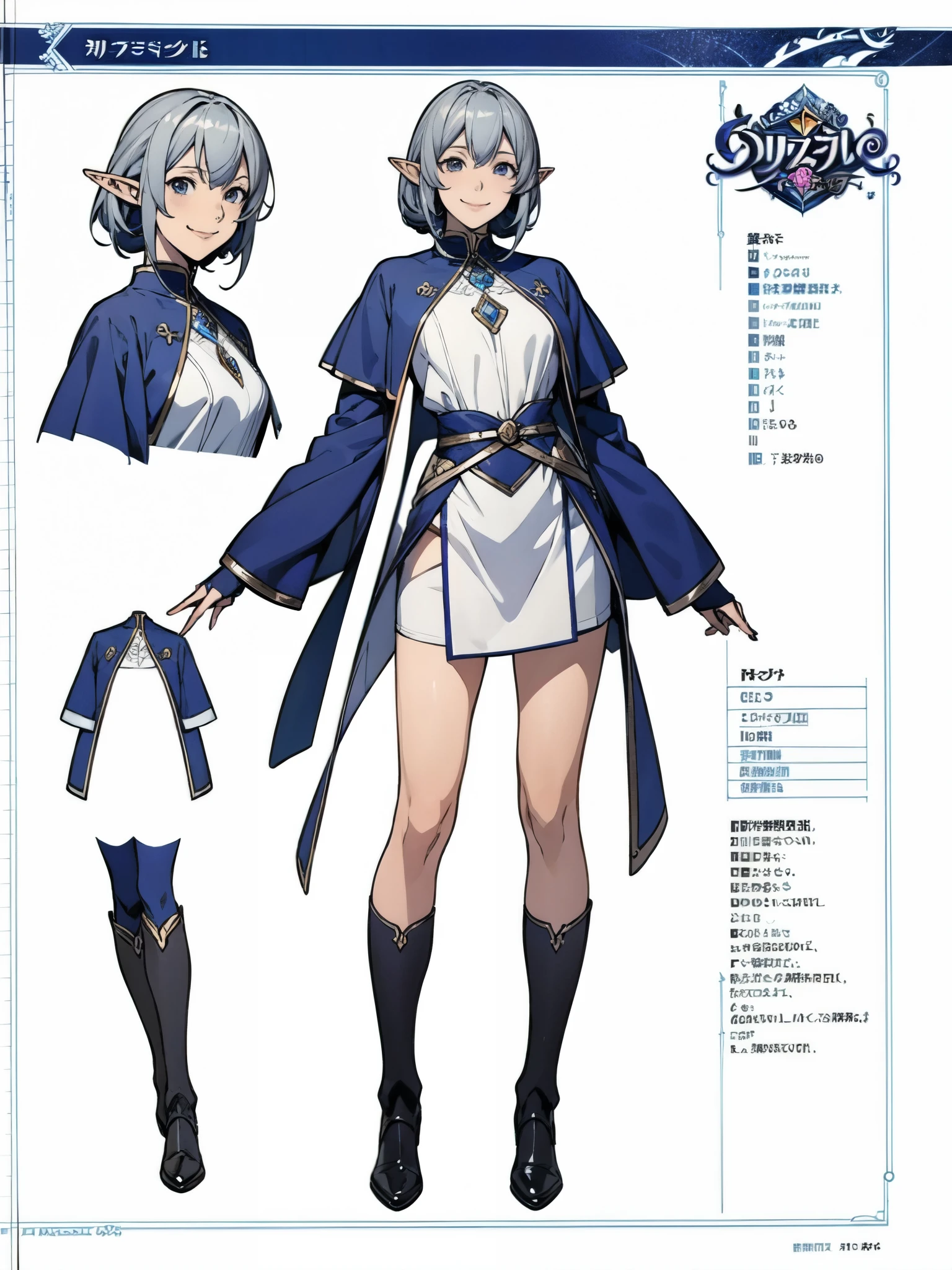 (masterpiece:1.2),(Highest quality),(High resolution),(Highest quality),Anime character sheet,Silver-haired magical elf woman,(((smile))),A wizard's outfit based on white and green.,(((Detailed character sheet,Front view,Side view,Close-up of face,3/4 Views)))