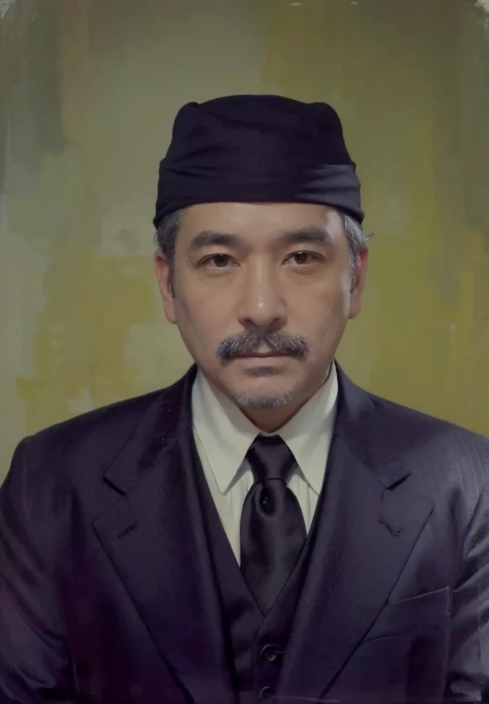 portrait of a 45 year old man wearing a black skullcap with a black suit