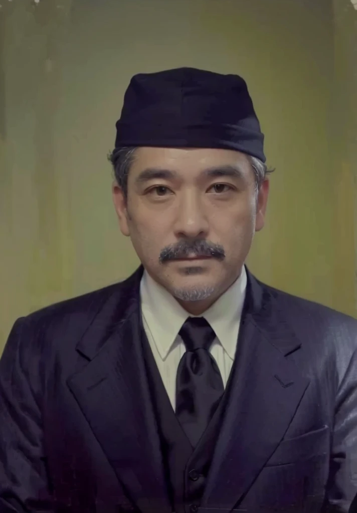 portrait of a 45 year old man wearing a black skullcap with a black suit