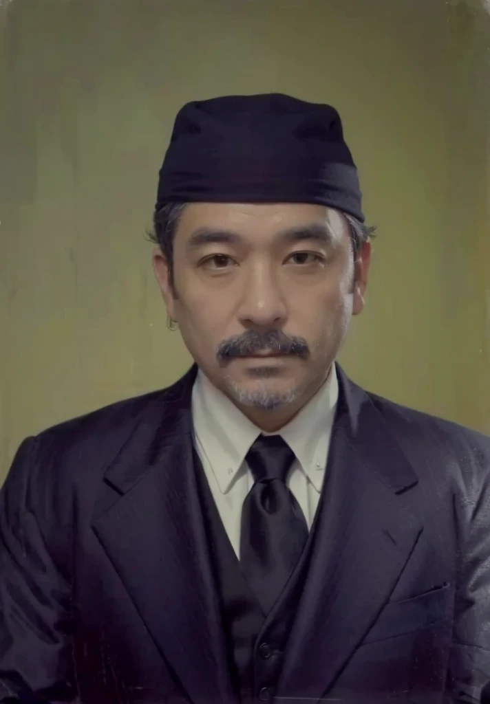 portrait of a 45 year old man wearing a black skullcap with a black suit
