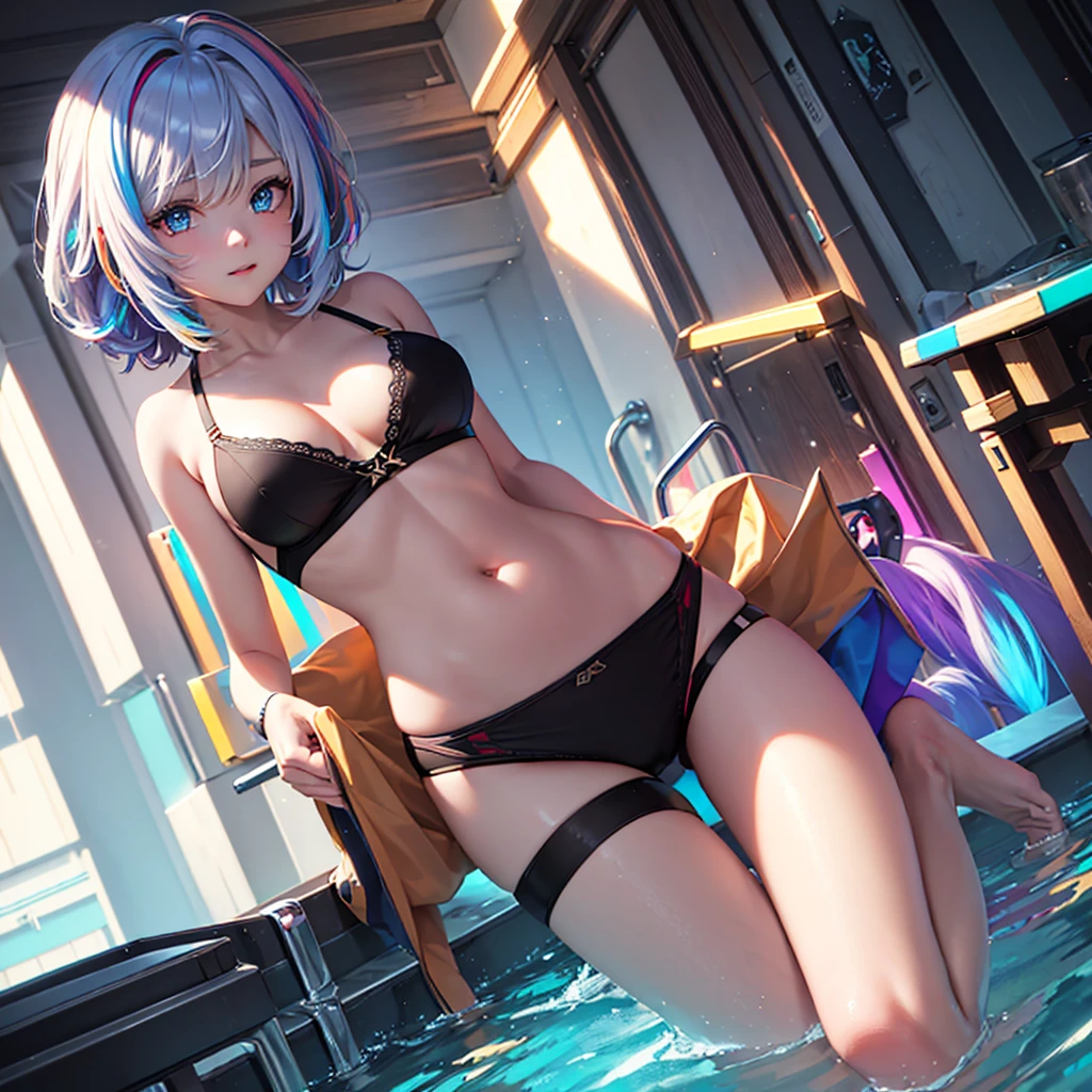 {{masterpiece}}, best quality, extremely detailed CG unity 8k wallpaper, cinematic lighting, lens flare, beautiful detail eyes, black, side glance, multicolor short blonde hair, colorful light, particles, heterochromia, (colorful:1.5), (colorful hair:1.5), swimming suit bra and underwear, rooftop background,