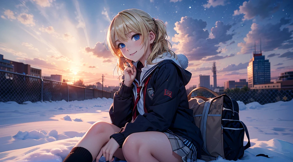 fullnude, masutepiece,8K,octans, Skysky, stele(Skysky), landscapes, starrysky, natta, looks at the camera, (Legs without stockings:1.iercing gaze, nigh sky, report, plein air, built, ​​clouds, milkyway, City, silhuette, Cityscape,(Short, Low twin-tailed blonde hair:1.2), (Deep Blue Eyes:1.3, piercing gaze, small smile, (winter school uniform:1.1)
